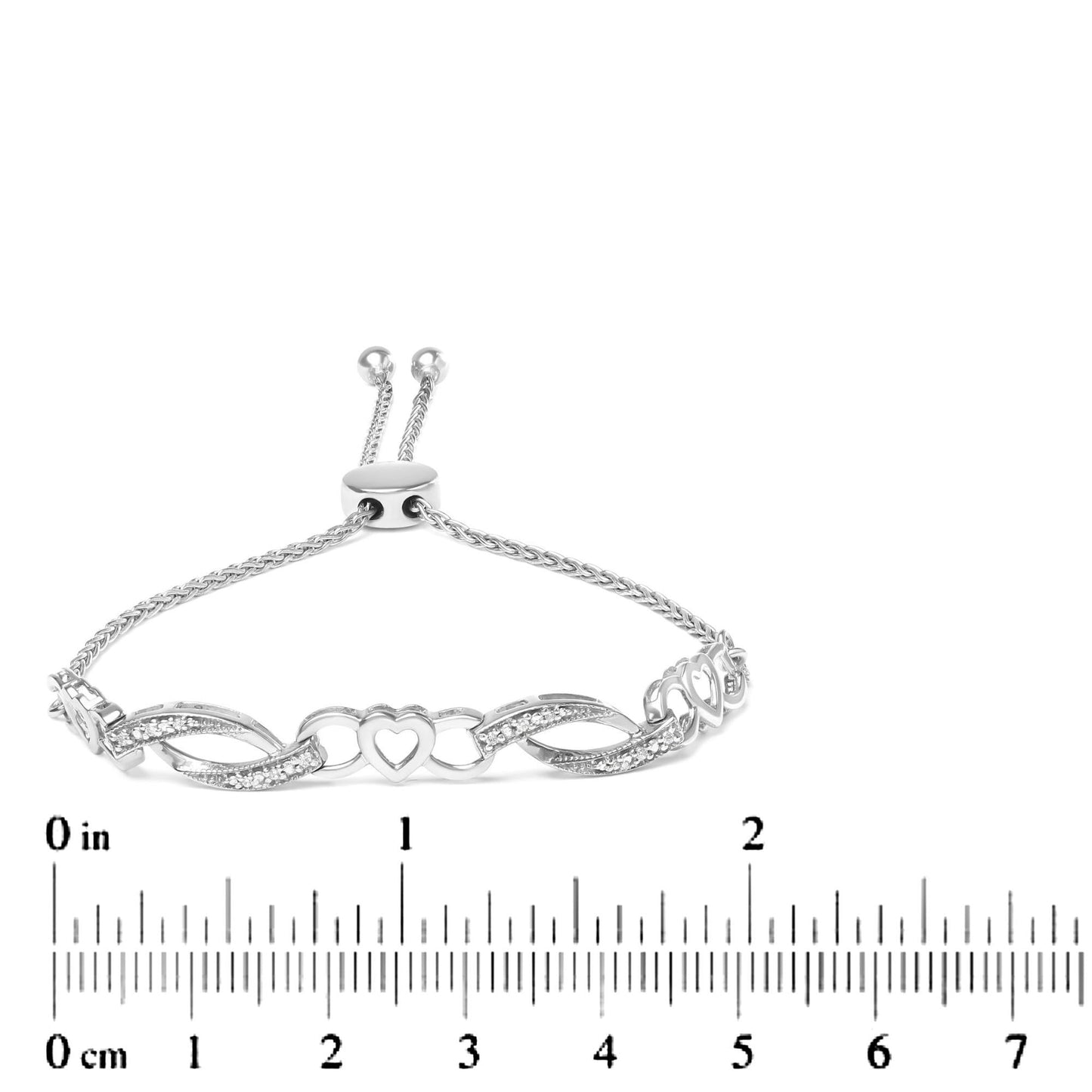 .925 Sterling Silver 1/10 Cttw Diamond Heart Link Adjustable Bolo Bracelet (I-J Color, I2-I3 Clarity) - 4 to 10 Inches