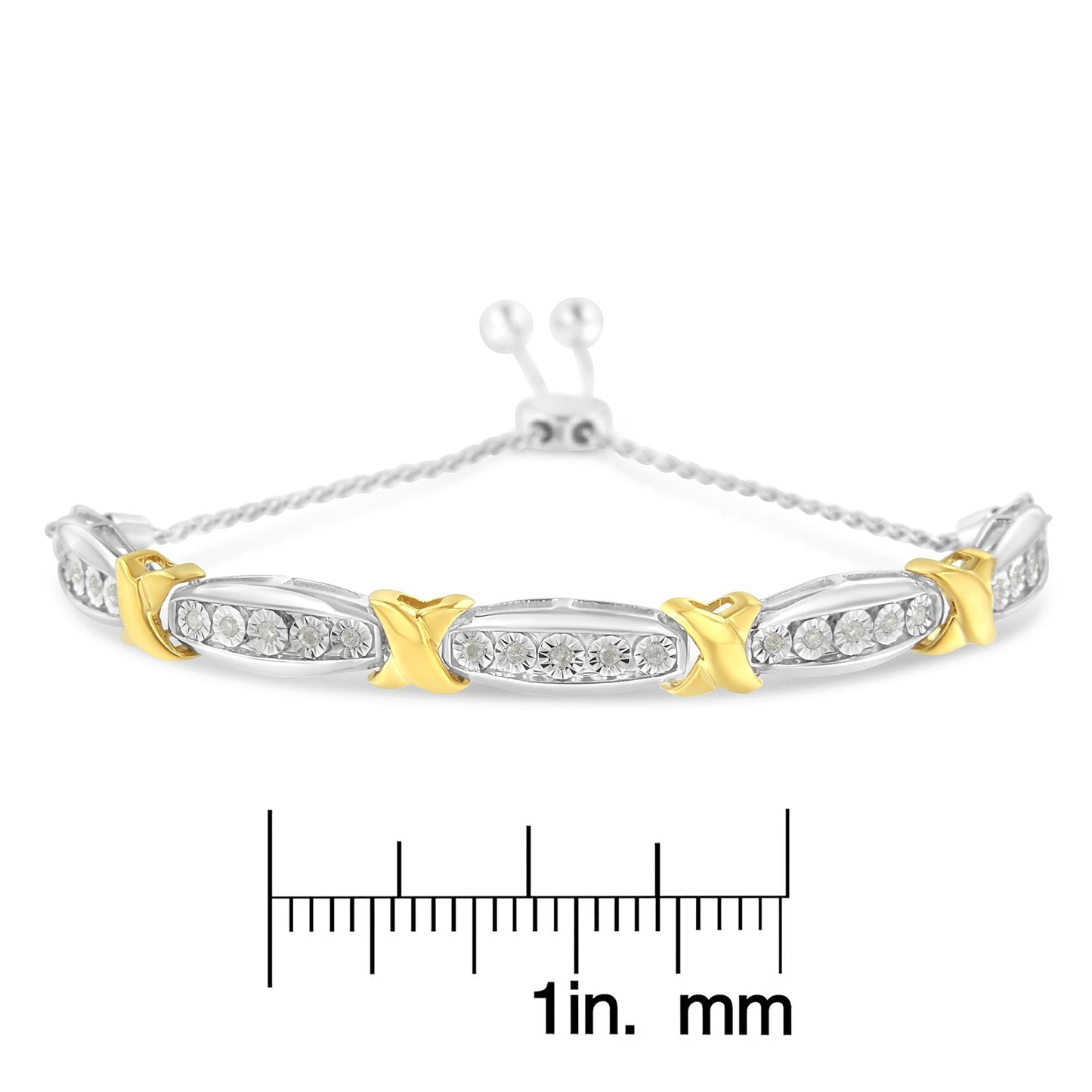 .925 Sterling Silver 1/4 Cttw Round-Cut Diamond X & Tapered Bar Miracle-Set Bolo Bracelet (I-J Color, I3 Clarity) - Two Tone Yellow Gold & Silver