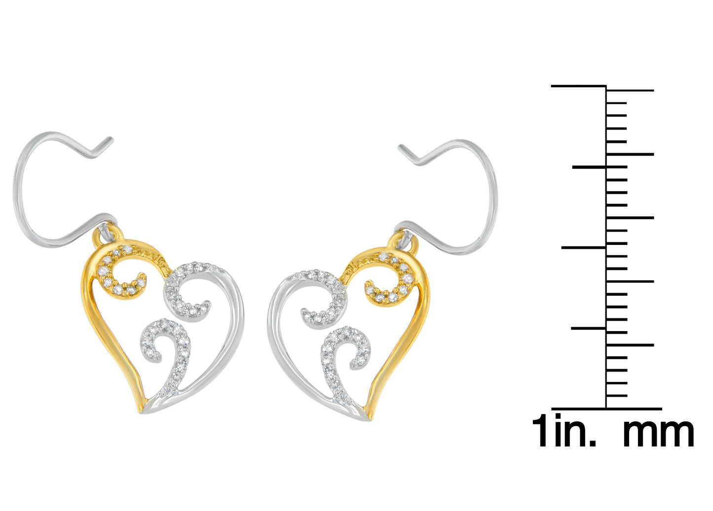 10K Two-tone Gold Round Diamond Heart Dangle Earrings (1/4 cttw, I-J Color, I2-I3 Clarity)