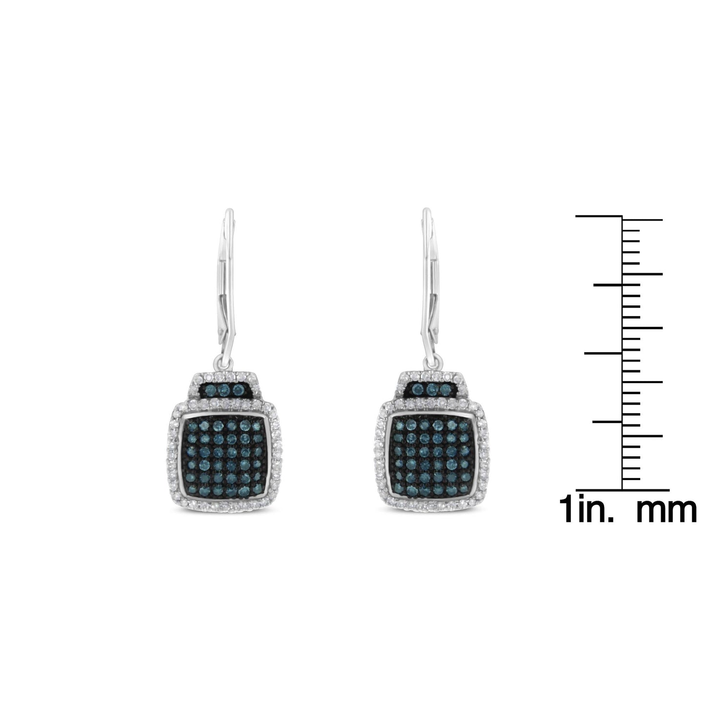 Black Rhodium over .925 Sterling Silver ¾ Cttw Blue and White Diamond Cushion Shaped Dangle Earrings (Enhanced Blue & I-J Color, I2-I3 Clarity)