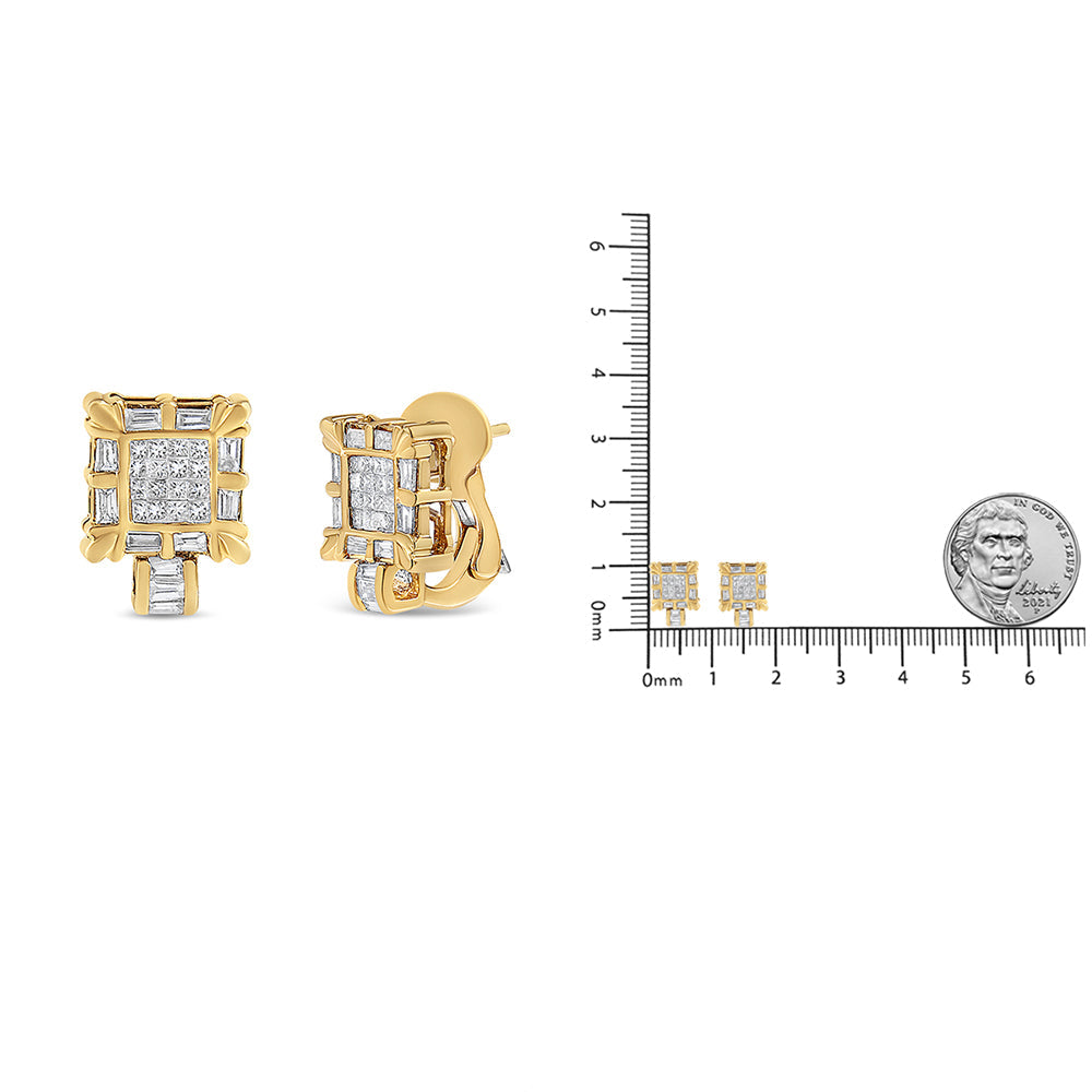 14K Yellow Gold 7/8 Cttw Princess and Baguette-Cut Diamond Square Framed Huggie Hoop Omega Earrings (H-I Color, SI1-SI2 Clarity)