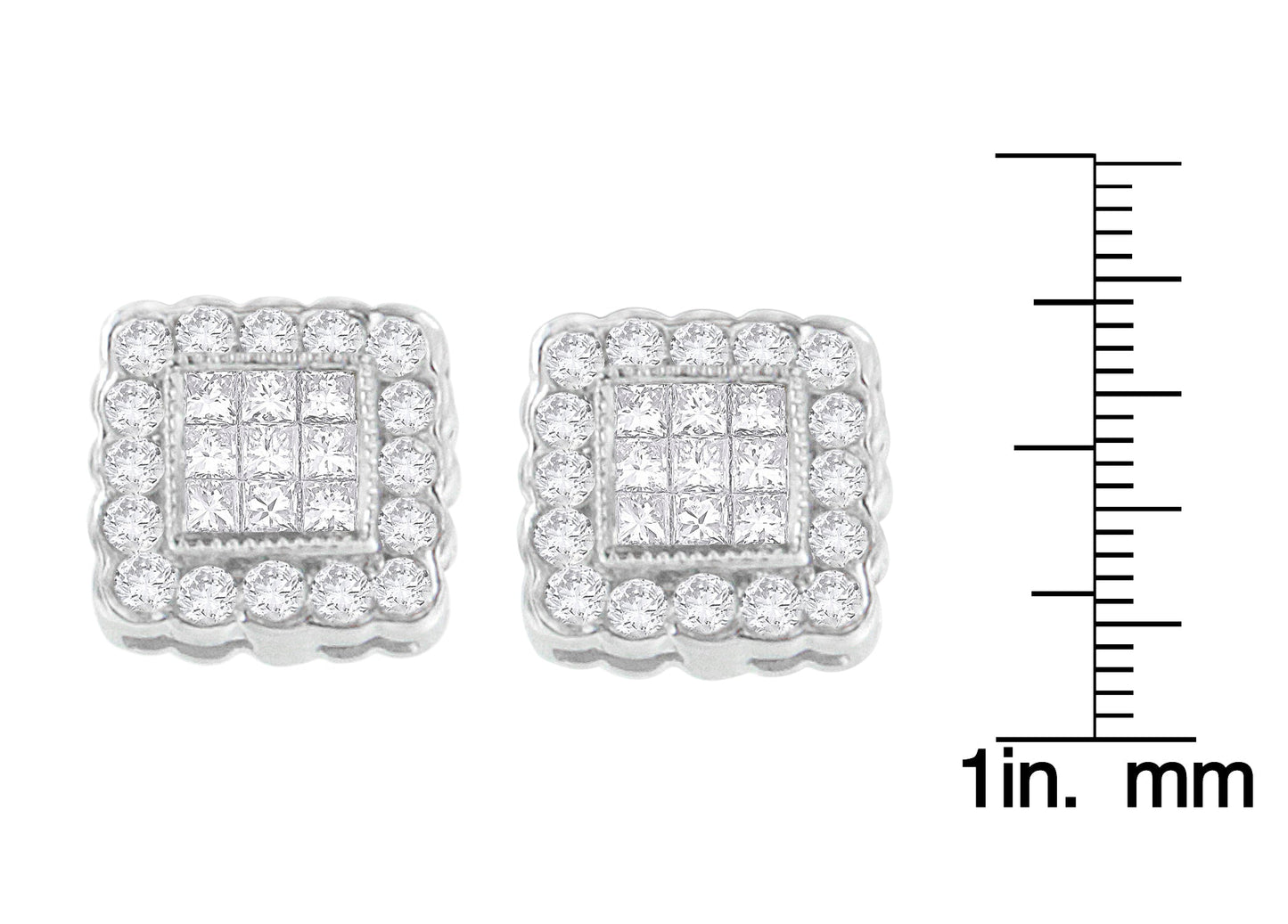 14K White Gold 1.0 Cttw Round Brilliant & Princess Cut Diamond Scallop-Edge Framed Square Halo Stud Earrings (G-H Color, SI1-SI2 Clarity)