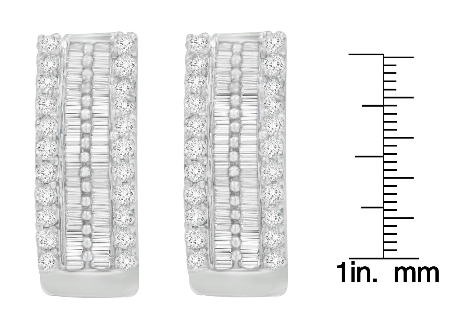 14K White Gold 1 1/2 cttw Round and Baguette Cut Diamond Earrings (H-I, SI2-I1)