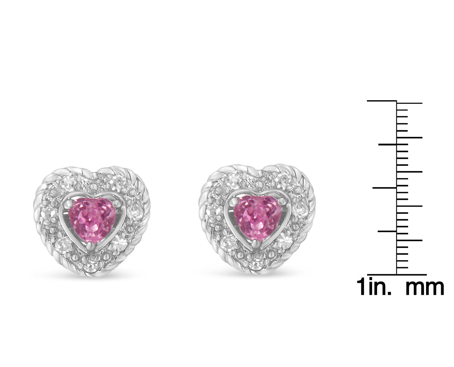 .925 Sterling Silver, Created Pink Sapphire, & Diamond-Accented 5/8" Heart-Shaped Rope Stud Earrings (I-J Color, I2-I3 Clarity)