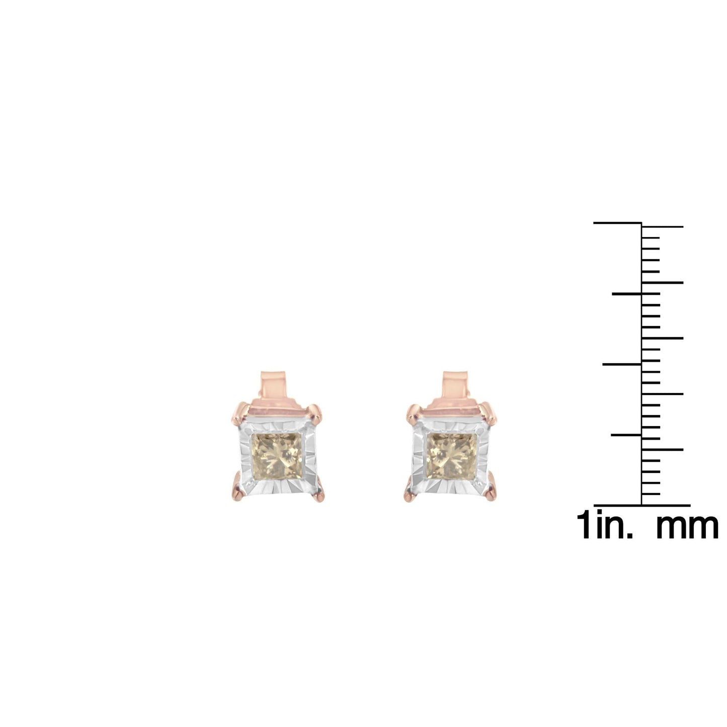 14K Rose Gold Plated Two-Tone .925 Sterling Silver 1/2 Cttw Princess-Cut Square Diamond Solitaire Miracle-Plate Stud Earrings (K-L Color, I2-I3 Clarity)