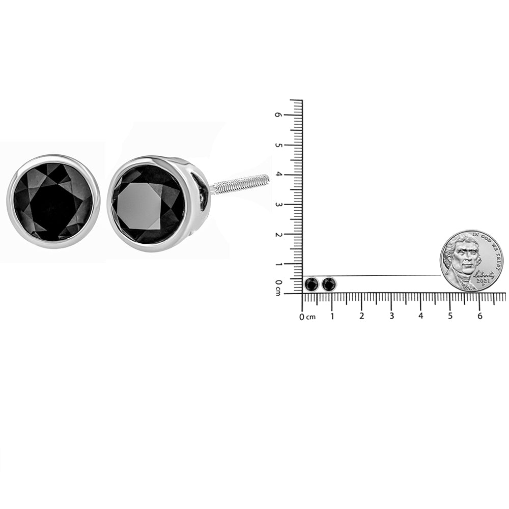 14K White Gold Round Brilliant-Cut Black Diamond Bezel-Set Stud Earrings with Screw Backs (Fancy Color-Enhanced, I2-I3 Clarity)