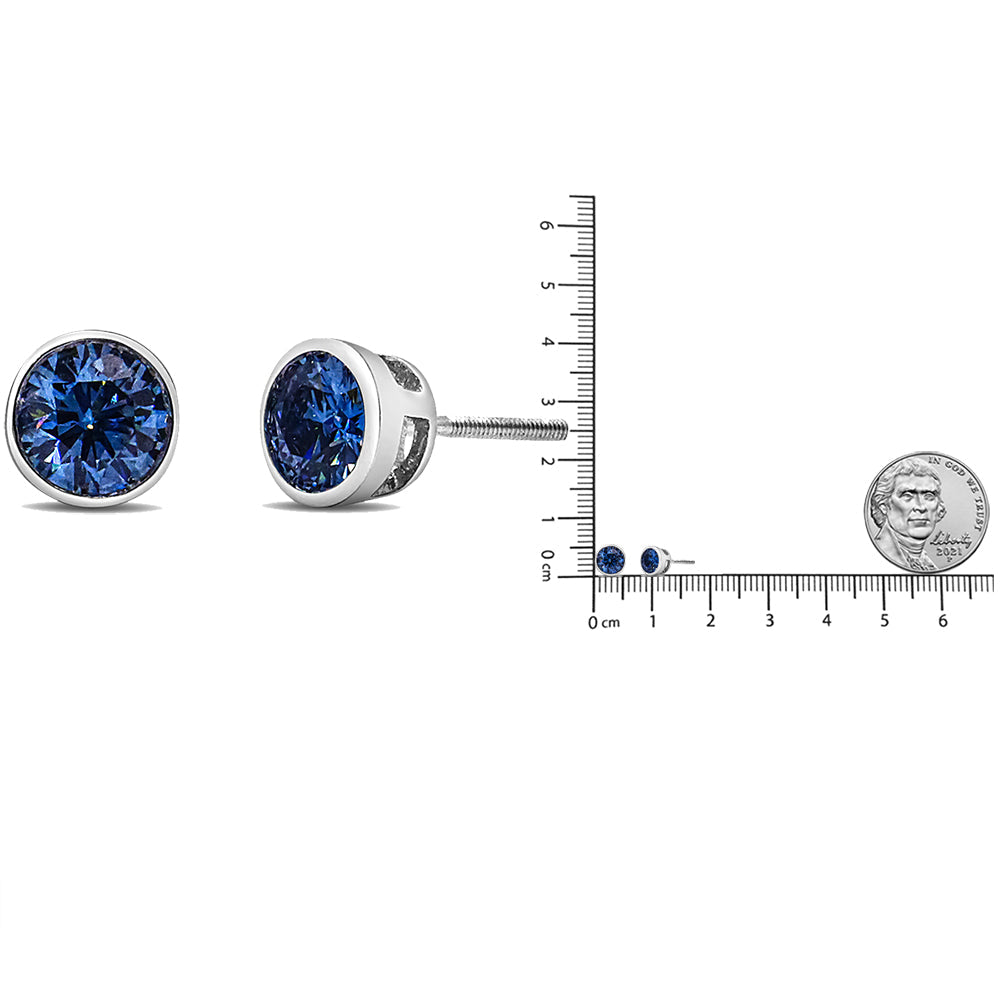 14K White Gold 1.0 Cttw Blue Lab Grown Diamond Screw-Back Classic Bezel Solitaire Stud Earrings (Blue Color, VS2-SI1 Clarity)