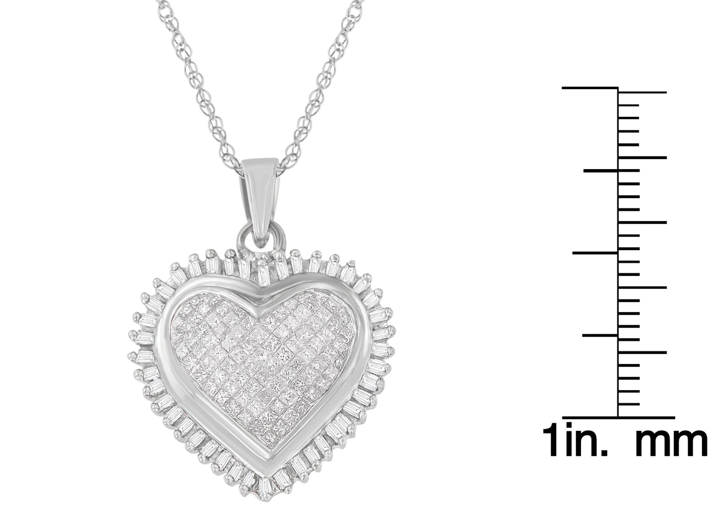 10K White Gold Princess and Baguette Cut Diamond Forever Love Halo Pendant Necklace (1.00 cttw, H-I Color, I2-I3 Clarity)