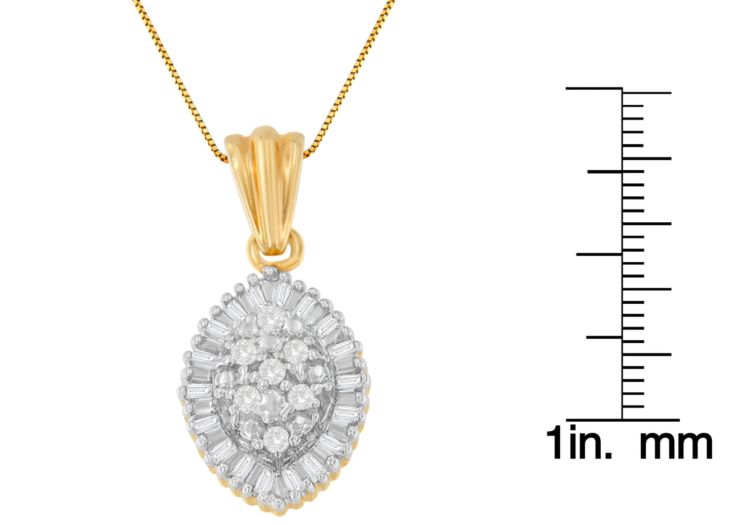 10K Yellow Gold 1/4 cttw Round and Baguette Cut Diamond Oval Burst Halo Pendant Necklace (I-J, I1-I2)