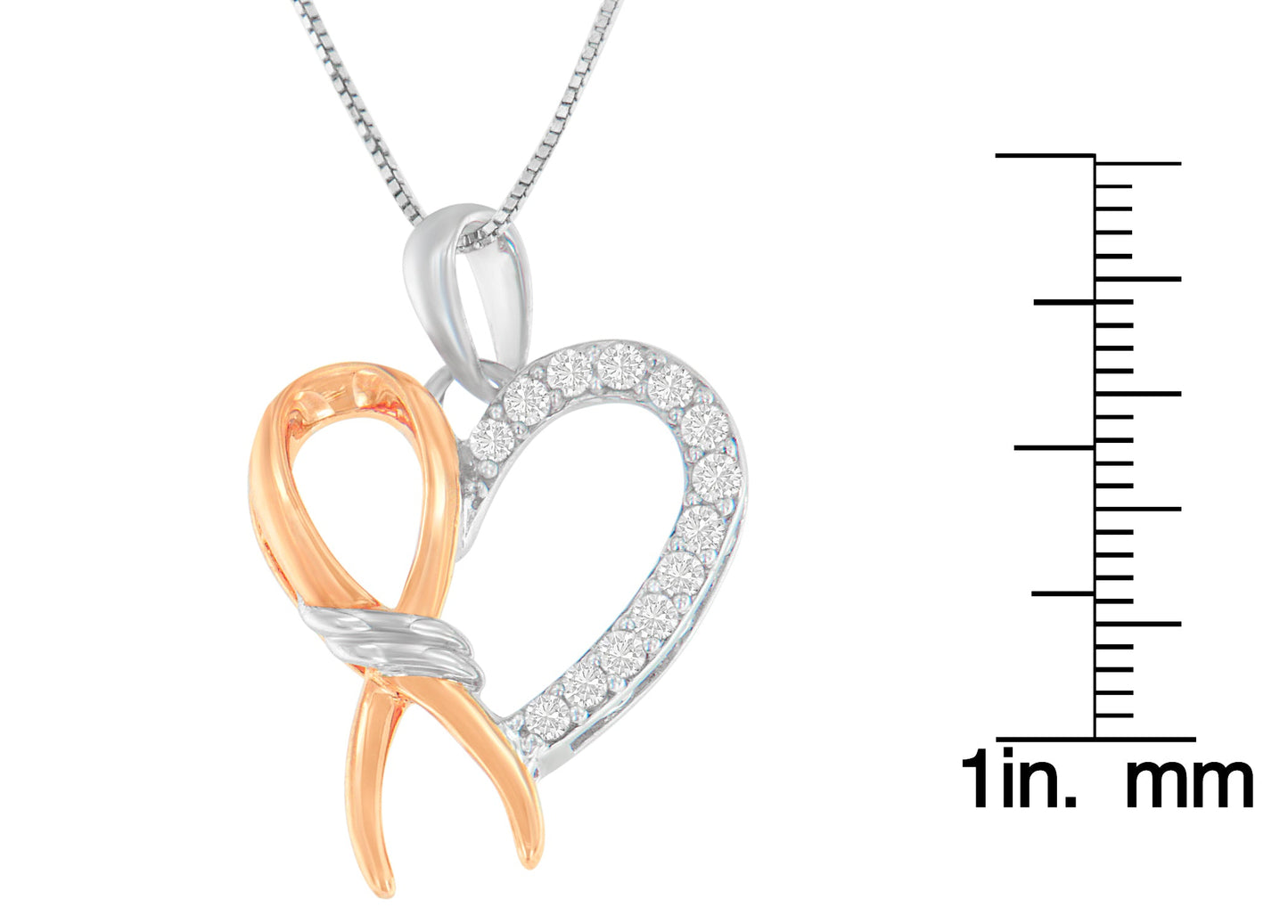 Two-Toned .925 Sterling Silver 1/5 cttw Round Cut Diamond Ribbon Heart Accent Pendant Necklace (H-I, I2-I3)