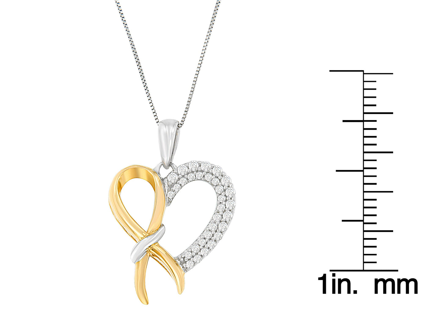 Two-Tone Sterling Silver Round Cut Diamond Heart Promise Bow Pendant Necklace (1/5 cttw, H-I Color, I1-I2 Clarity)