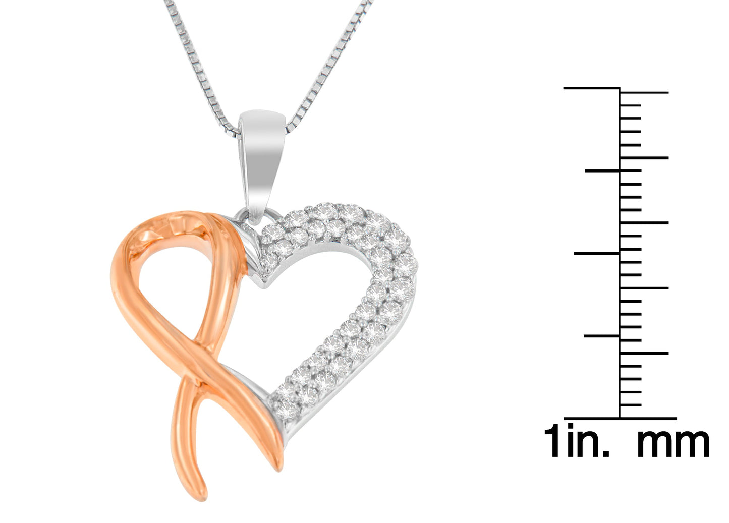 Two-Tone Sterling Silver Round Cut Diamond Ribbon Heart Pendant Necklace (0.25 cttw, H-I Color, I2-I3 Clarity)