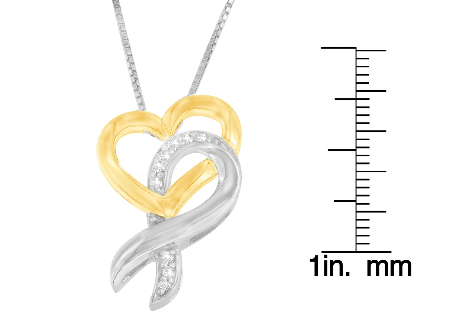 10K Yellow Gold and .925 Sterling Silver 1/20 cttw Diamond Ribbon-Heart Pendant Necklace (H-I, I1-I2)