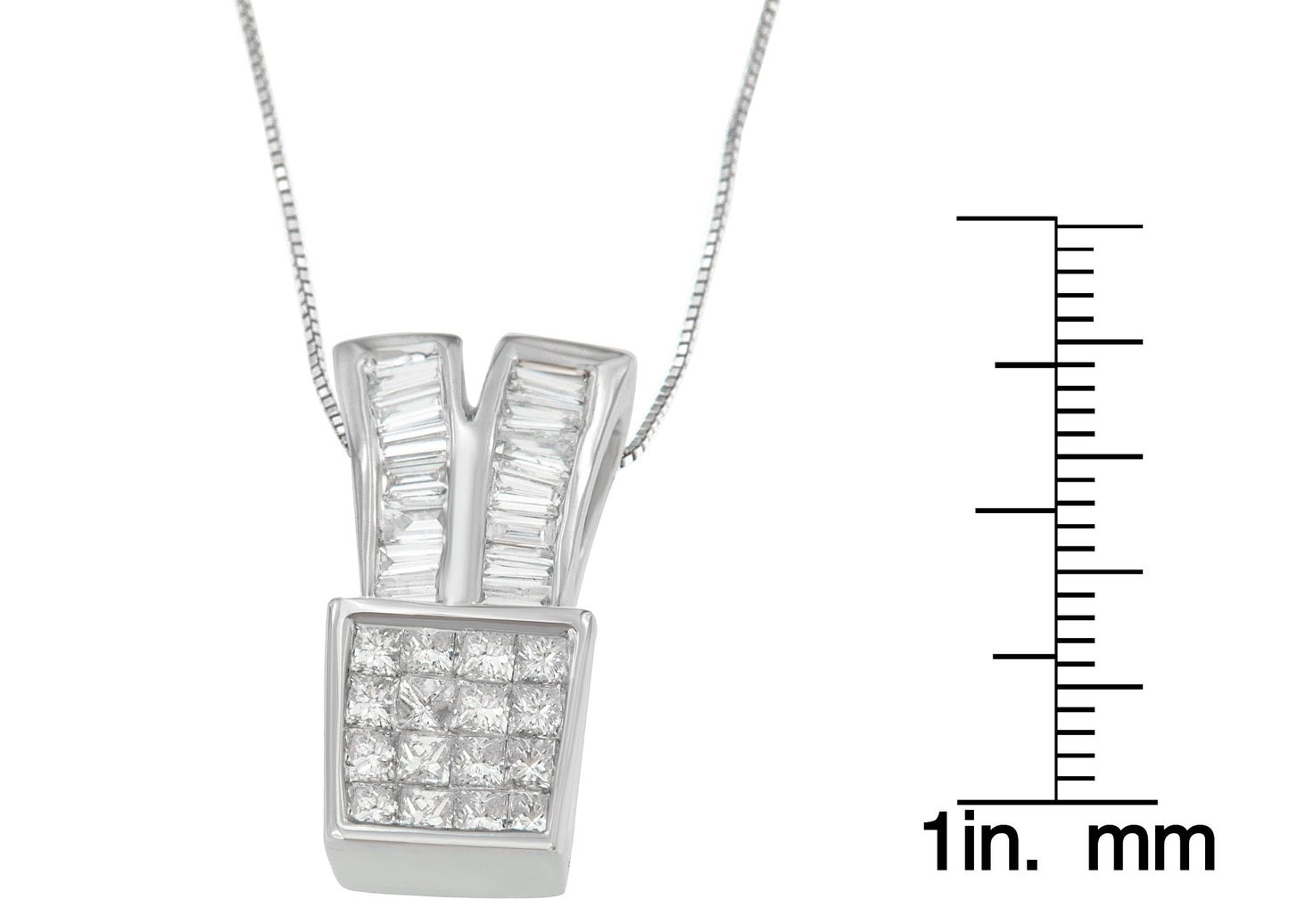 14K White Gold 1 1/3 cttw Princess and Baguette Cut Diamond Sparkling Shapes Pendant Necklace (H-I, SI1-SI2)