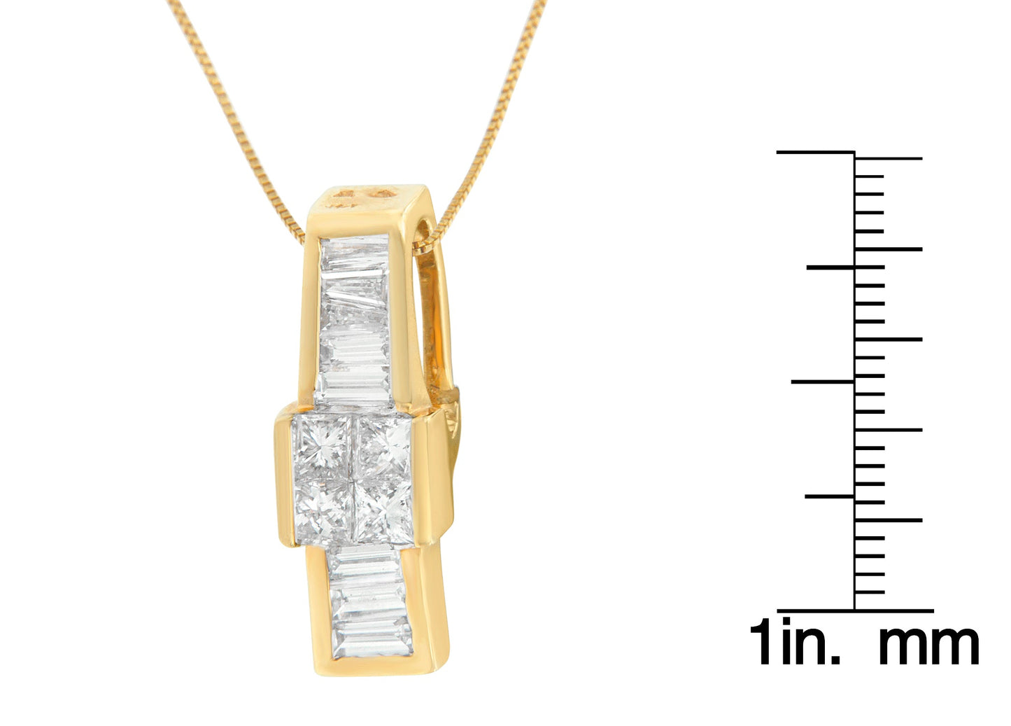 14K Yellow Gold 1 1/10 cttw Baguette and Princess Cut Overlapping Diamond Drop Pendant Necklace (H-I, SI1-SI2)