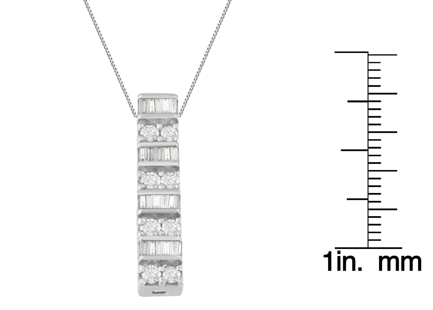 14K White Gold Round and Baguette Cut Diamond Pendant Necklace (5/8 cttw, H-I Color, I1-I2 Clarity)