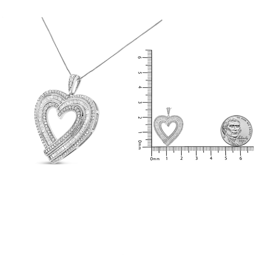 .925 Sterling Silver 1 3/8 Cttw Baguette Diamond Composite Heart 18" Inch Pendant Necklace (I-J Color, I1-I2 Clarity)