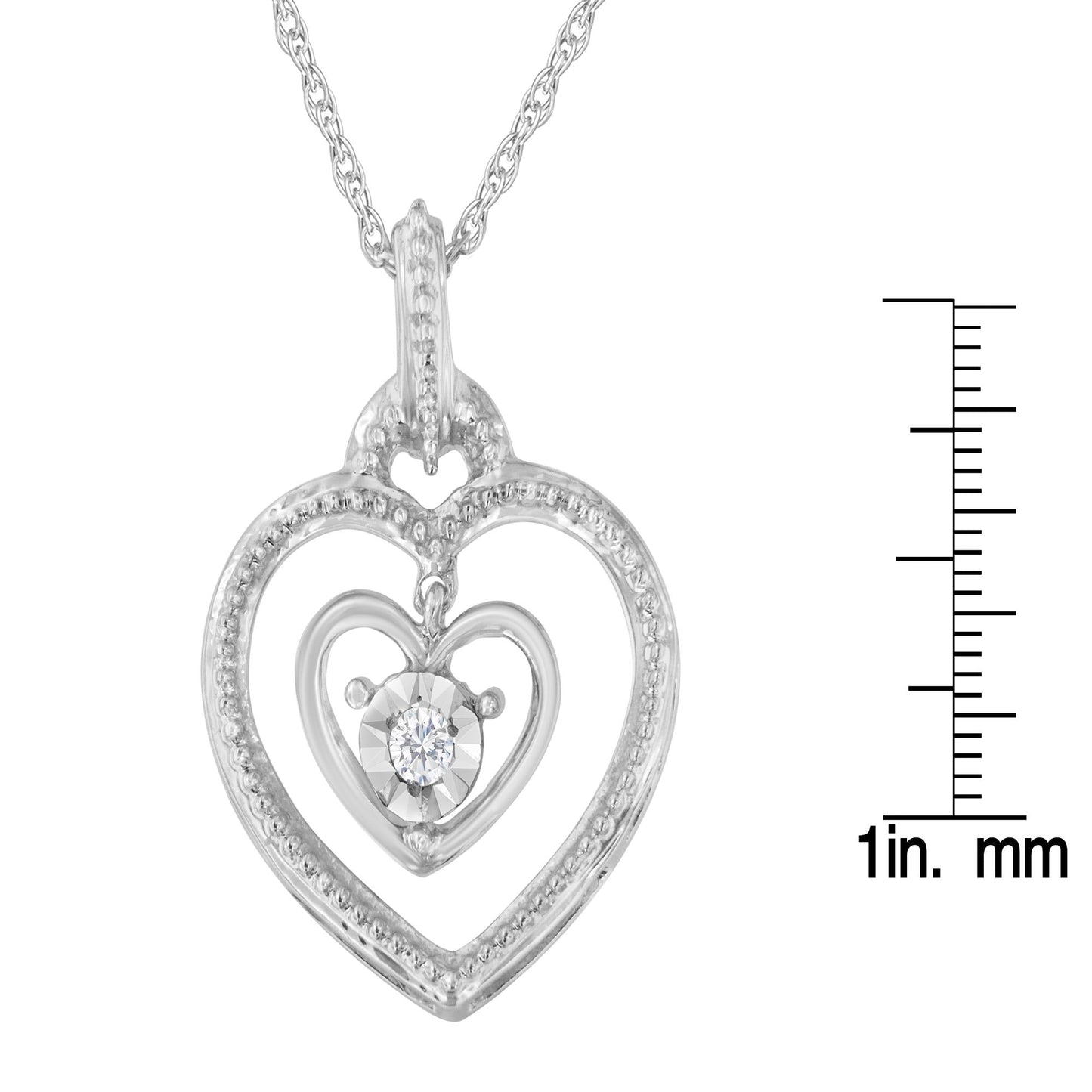 .925 Sterling Silver 1/25 cttw Rose Cut Diamond Double Heart Pendant Necklace (I-J, I2-I3)