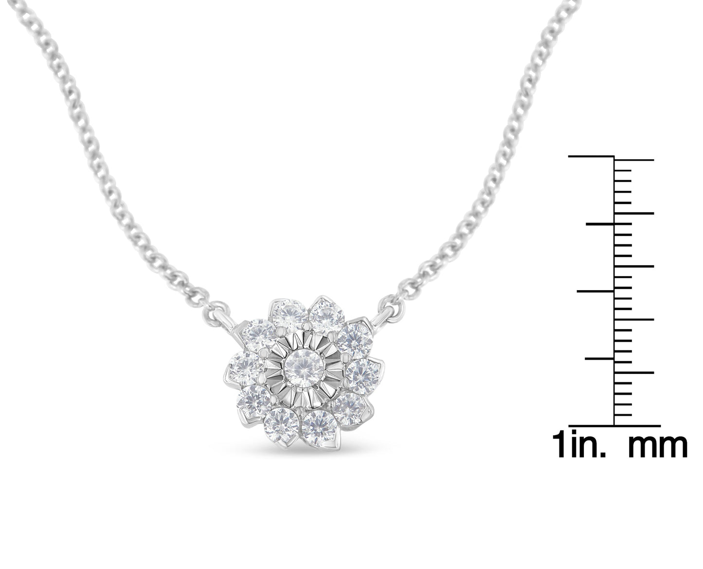 .925 Sterling Silver 1/2 Cttw Diamond Miracle Set Flower Cluster Pendant Necklace with Cable Chain (I-J Color, I1-I2 Clarity) - 18”