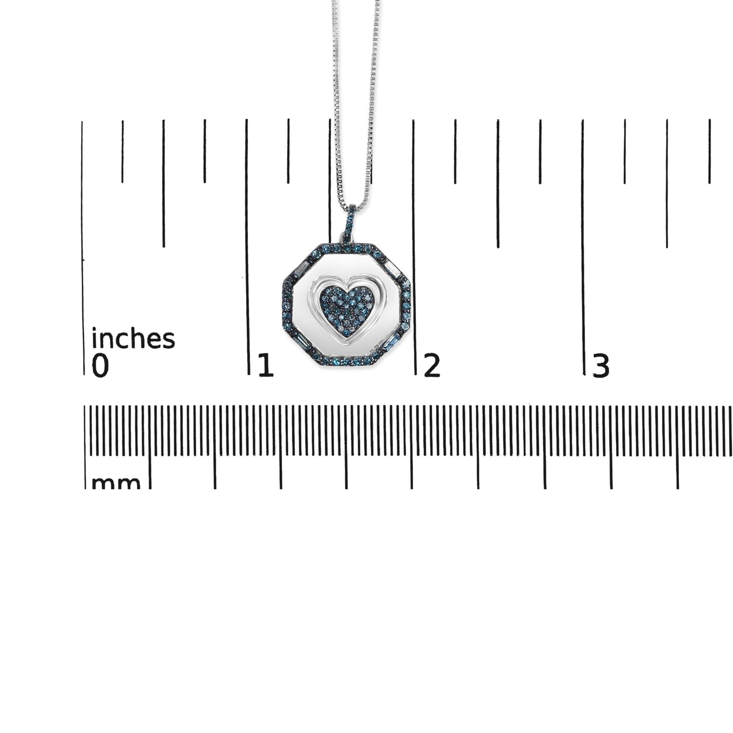 .925 Sterling Silver 5/8 Cttw Blue Diamond Mirror Plate with Heart and Diamond Halo 18" Pendant Necklace (Blue Color, I2-I3 Clarity)