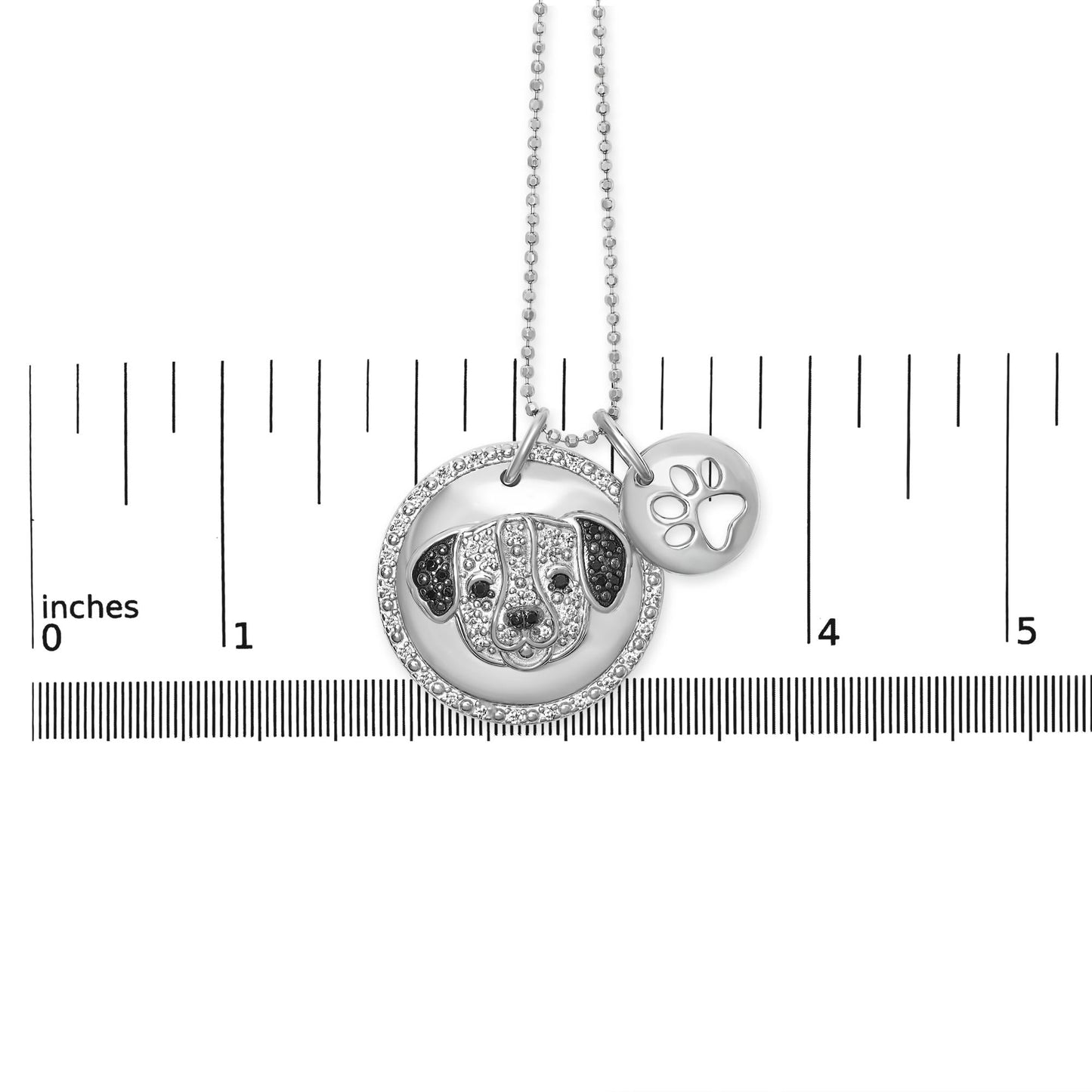 .925 Sterling Silver 1/4 Cttw White and Black Diamond Pitbull Dog Medallion and Charm 18" Pendant Necklace (I-J Color, I2-I3 Clarity)