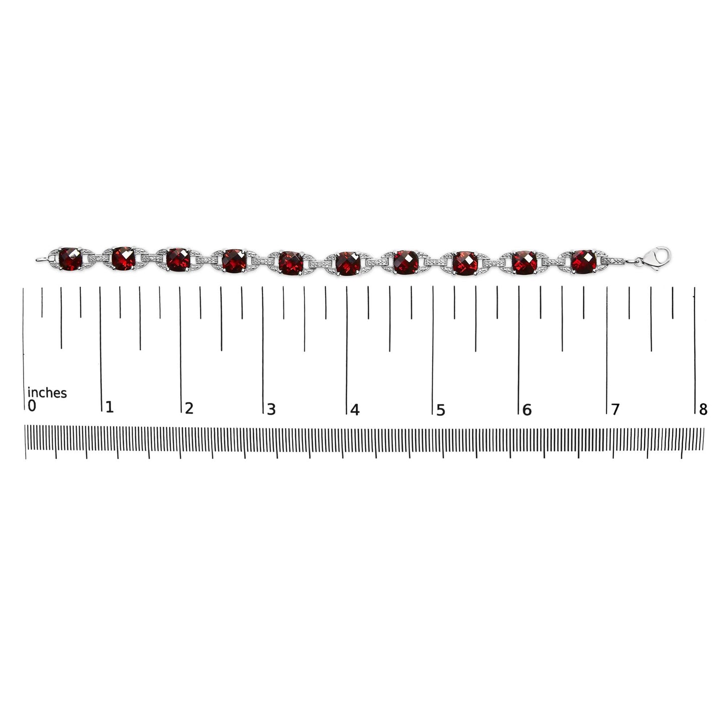 .925 Sterling Silver 7x7mm Checkered Cushion Red Garnet and Diamond Accent Fashion Tennis Link Bracelet (I-J Color, I1-I2 Clarity) - Size 7" Inch