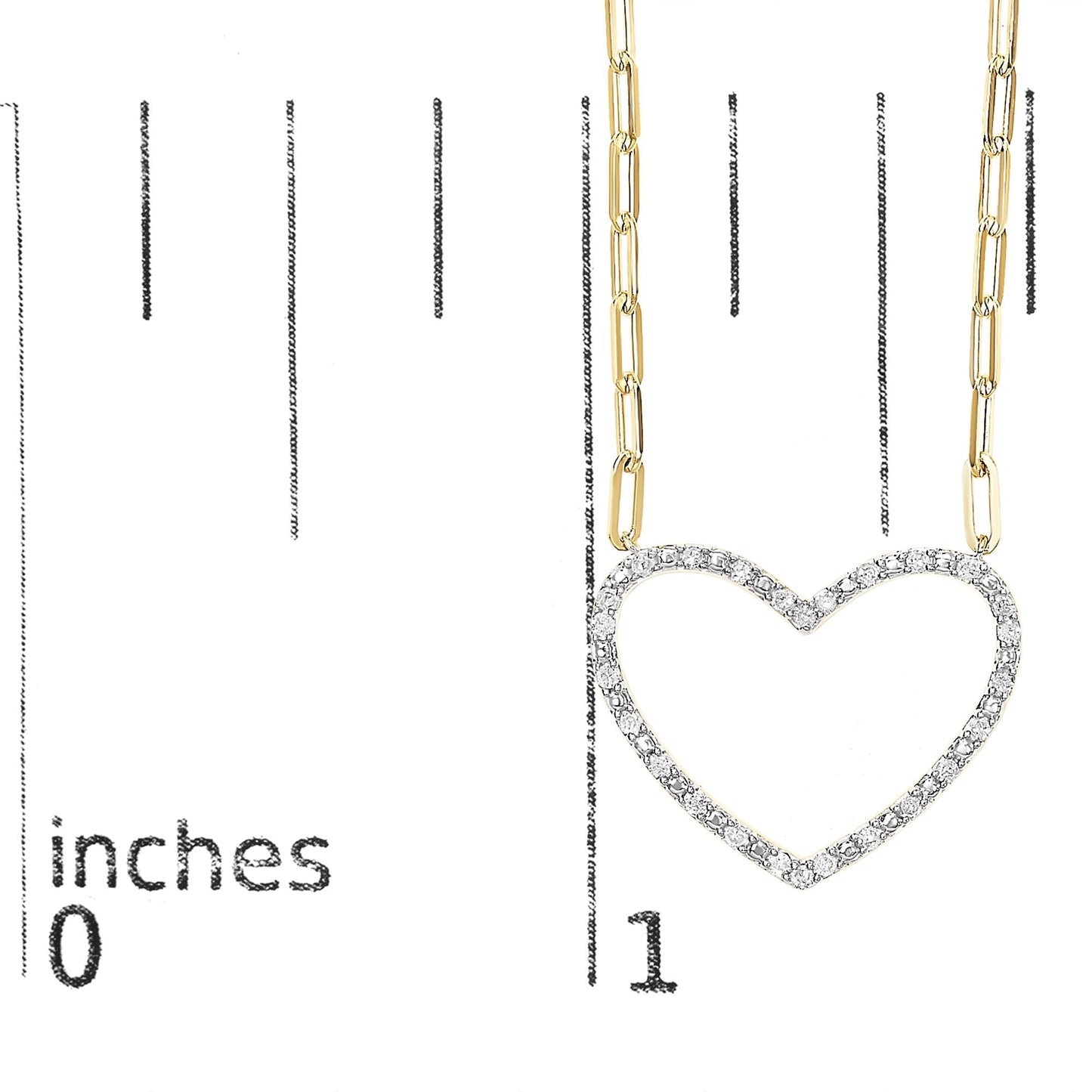 14K Yellow Gold Plated .925 Sterling Silver 1/4 Cttw Diamond Open Heart with Paperclip Chain Pendant Necklace (I-J Color, I2-I3 Clarity) - 18" Inches