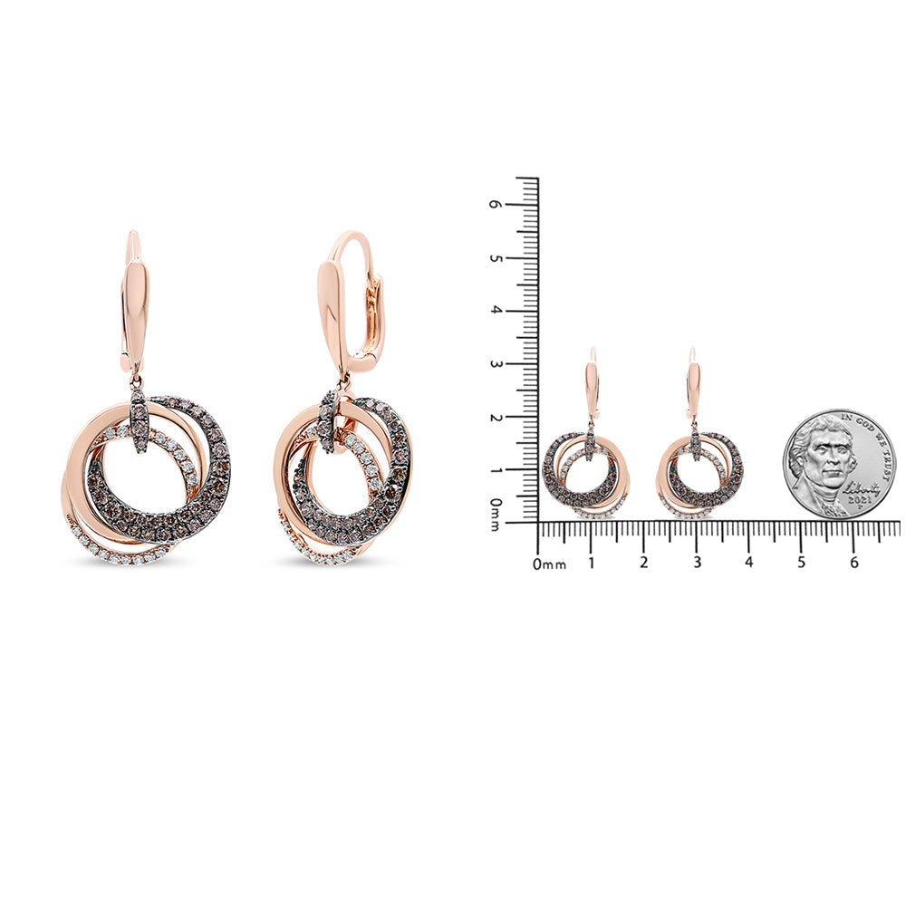 14K Rose Gold 1.00 Cttw White and Brown Diamond Intertwining Hoops and Circle Dangle Earrings (H-I/Brown Color, SI1-SI2 Clarity)