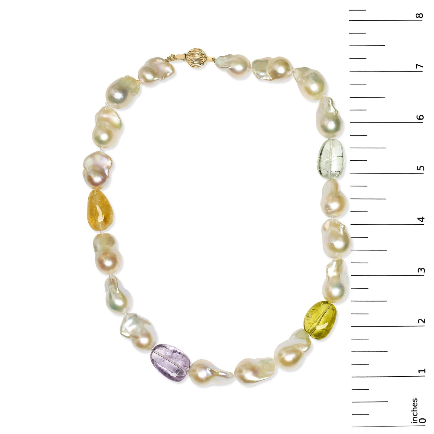 14K Yellow Citrine, Amethyst, and Baroque Pearl Strand Necklace - 18" Inches