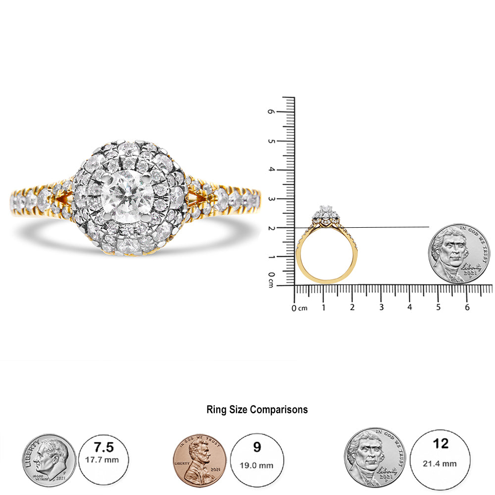 14K Yellow and White Gold 1.00 Cttw Split Shank Halo Floral Diamond Engagement Ring ( I-J Color, I1-I2 Clarity)