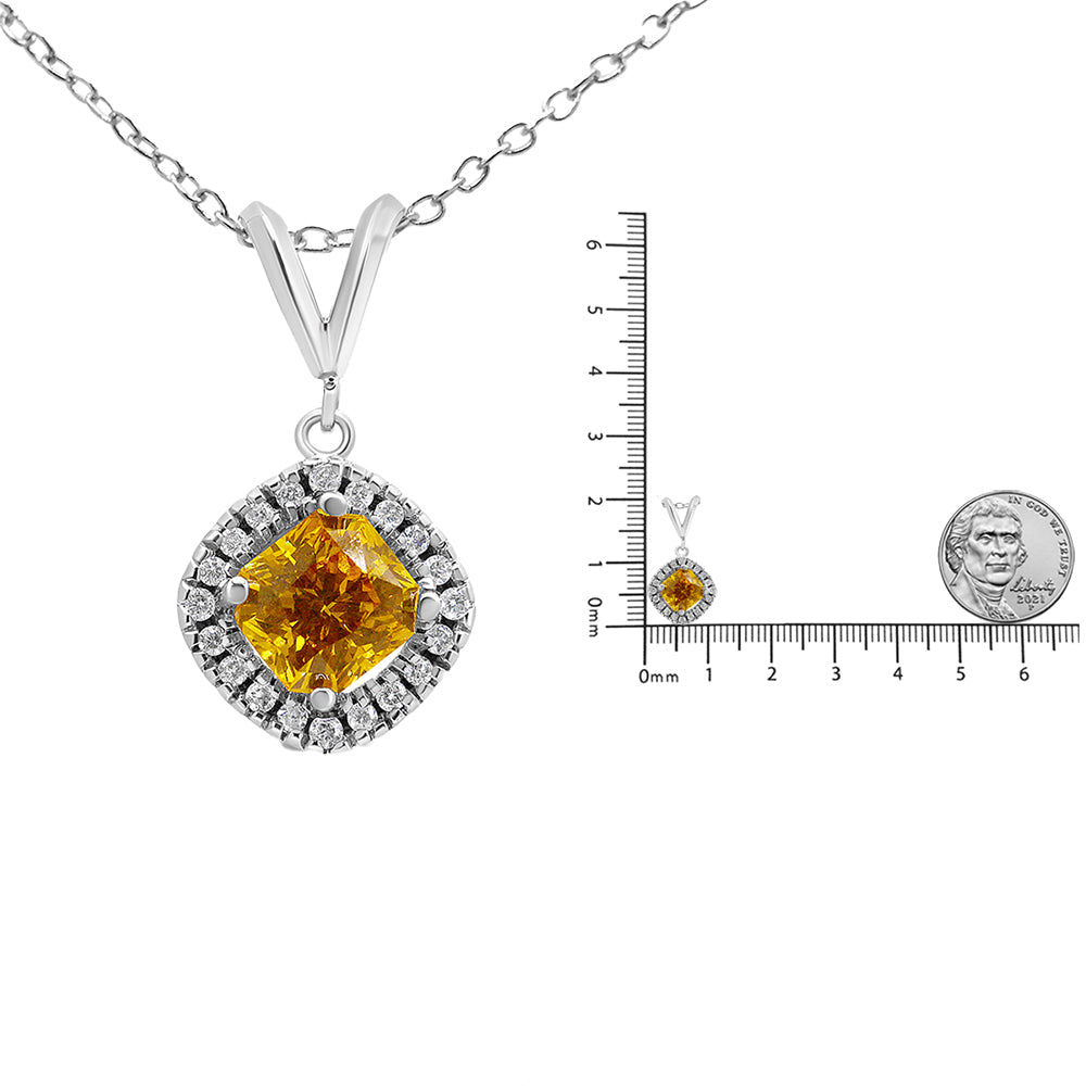 14K White Gold 1 1/5 Cttw Yellow Radiant Lab Grown Diamond Floating Halo Rhombus Shaped 18" Pendant Necklace (Yellow/G-H Color, VS1-VS2 Clarity)